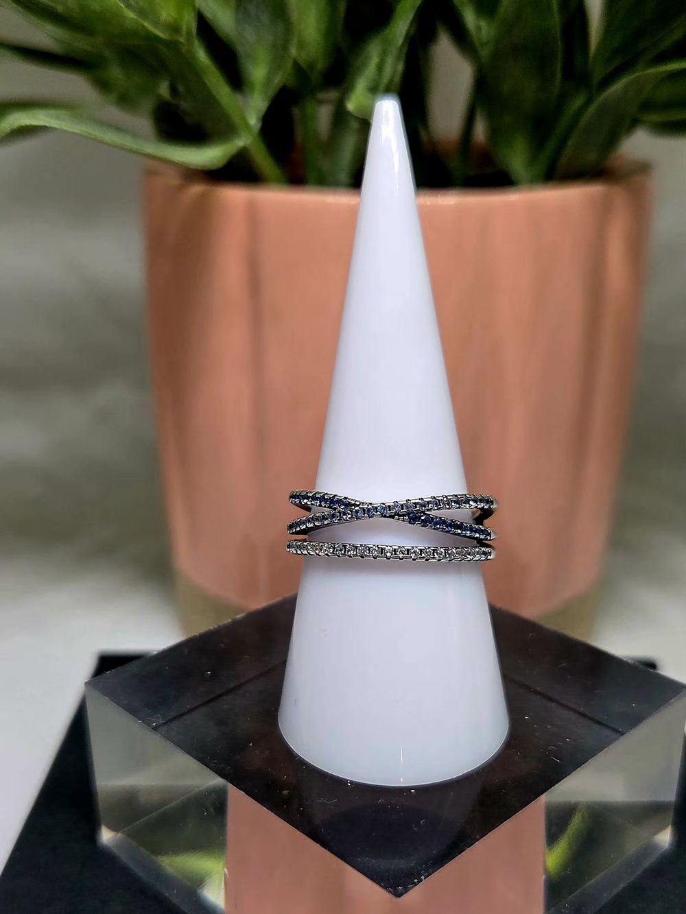 Silver and Blue Crisscross Stackable Ring
